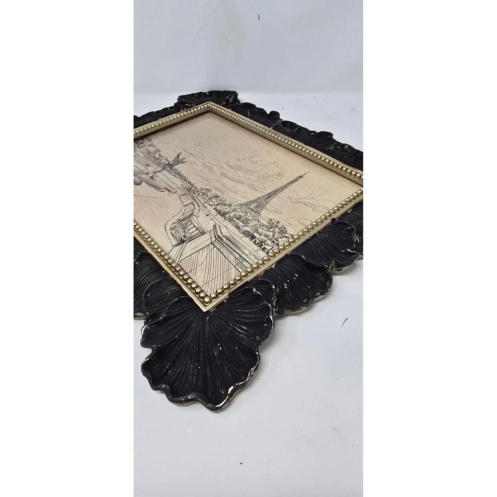 Paris Eiffel Tower ink sketch framed art black gold ornate scalloped frame